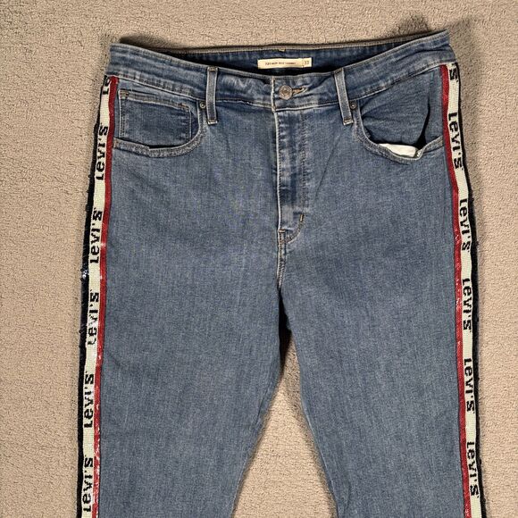 Levi's 721 Premium High Rise Denim Jean Skinny Sz 33 Sequin Logo Stripes Raw Hem - Picture 2 of 16
